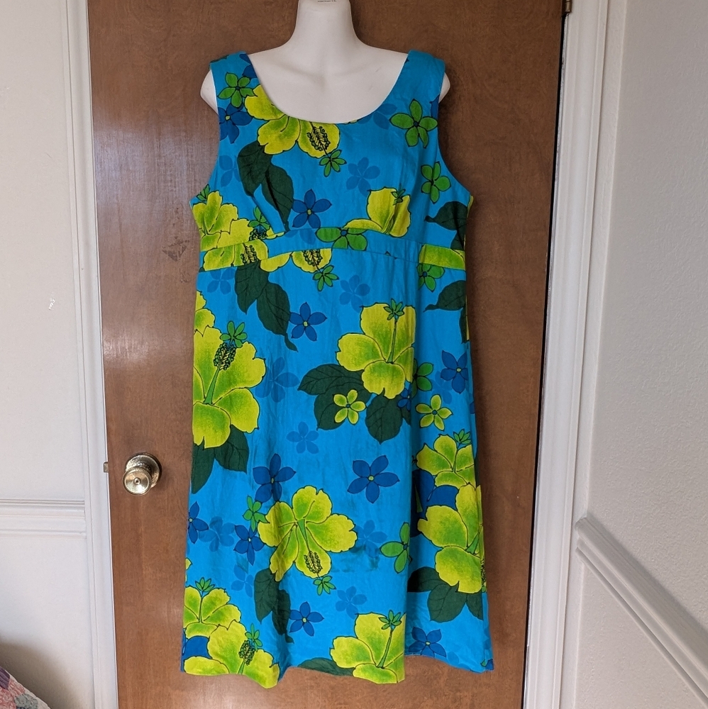 Vtg Miss Hawaii Kamehameha Blue Green Tropical Hibiscus Flower Sleeveless Dress